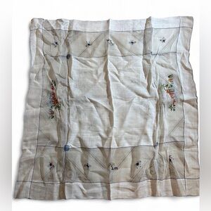 Vintage Linen Embroidered Pagoda Japanese Garden Tablecloth 34x34 Asian